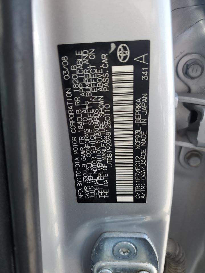 2008 Toyota Yaris VIN: JTDBT923981260110 Lot: 65443695