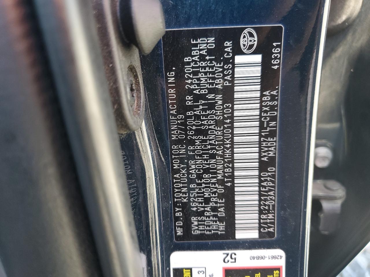 2019 Toyota Camry Hybrid VIN: 4T1B21HK4KU014103 Lot: 65400335