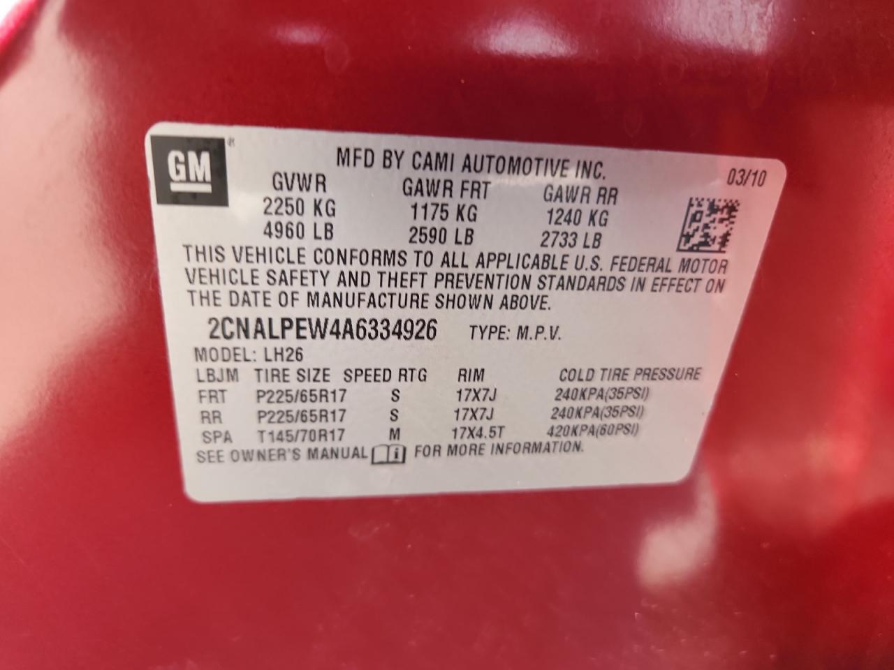 2010 Chevrolet Equinox Lt VIN: 2CNALPEW4A6334926 Lot: 64671735
