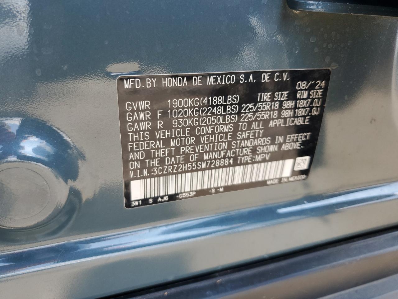 2025 Honda Hr-V Sport VIN: 3CZRZ2H55SM728884 Lot: 64585565