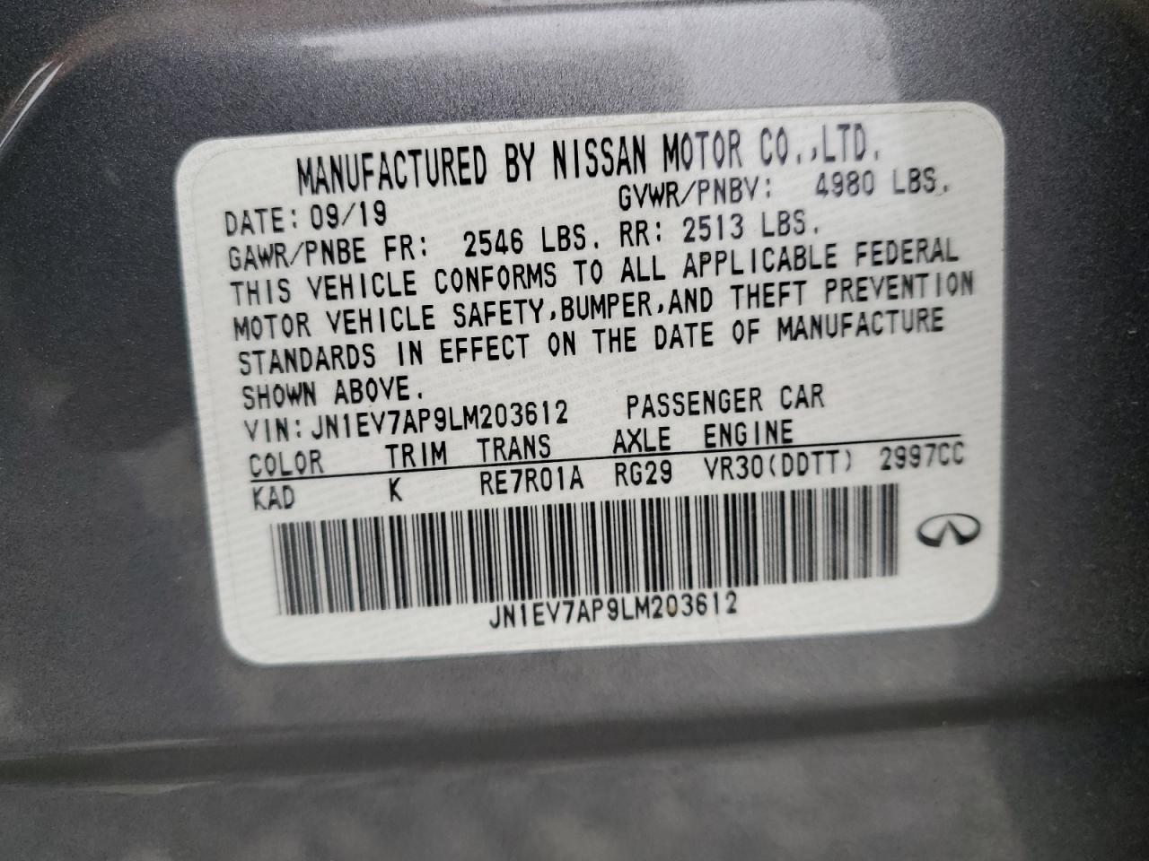 2020 Infiniti Q50 Pure VIN: JN1EV7AP9LM203612 Lot: 65264555