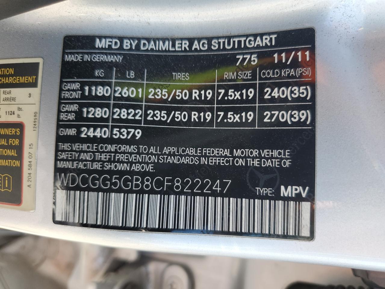 2012 Mercedes-Benz Glk 350 VIN: WDCGG5GB8CF822247 Lot: 62584255