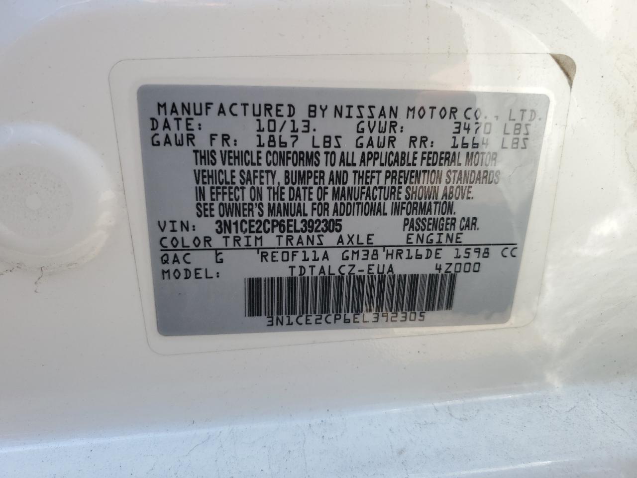 2014 Nissan Versa Note S VIN: 3N1CE2CP6EL392305 Lot: 63114165