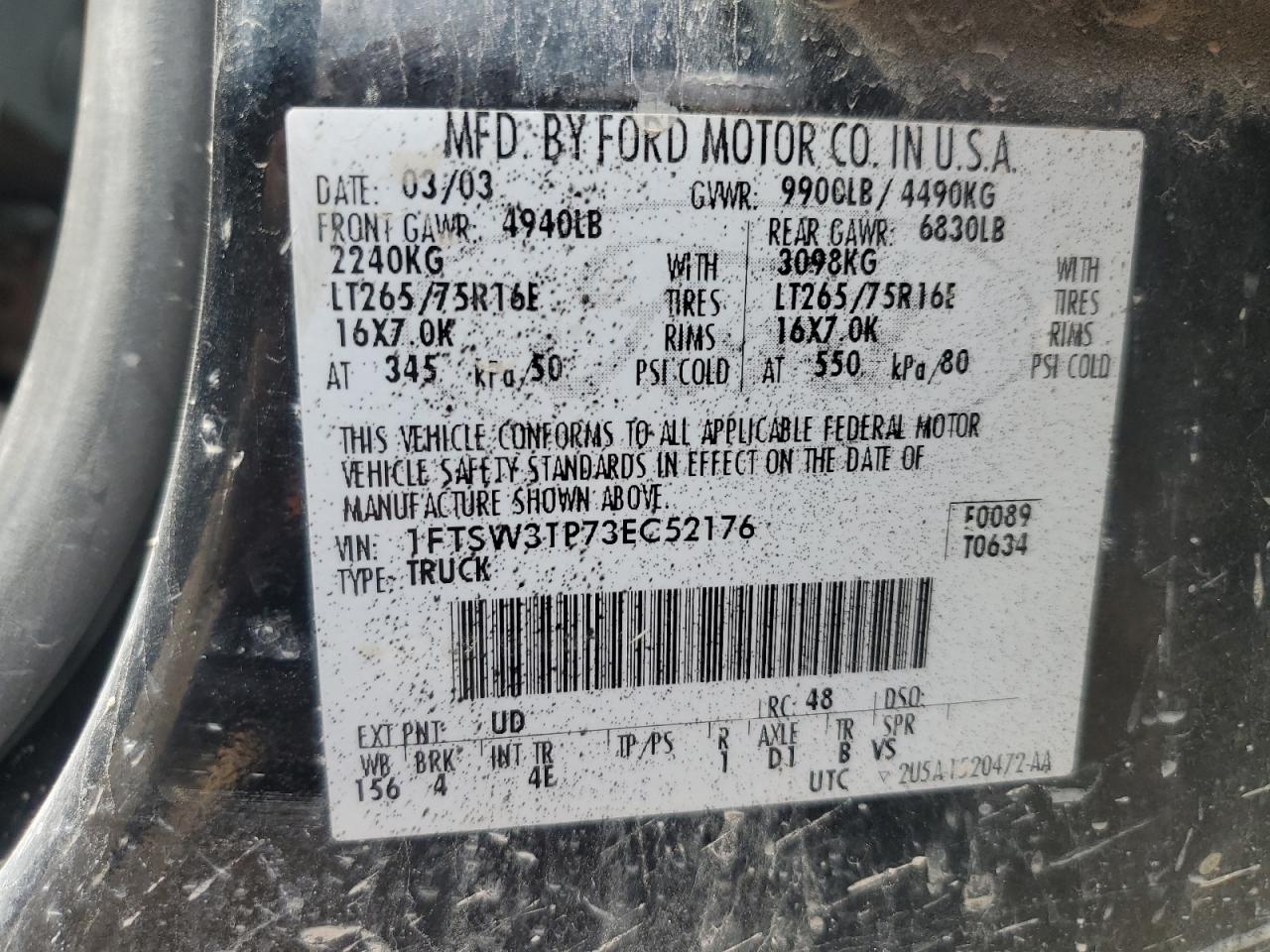 2003 Ford F350 Srw Super Duty VIN: 1FTSW31P73EC52176 Lot: 64554215