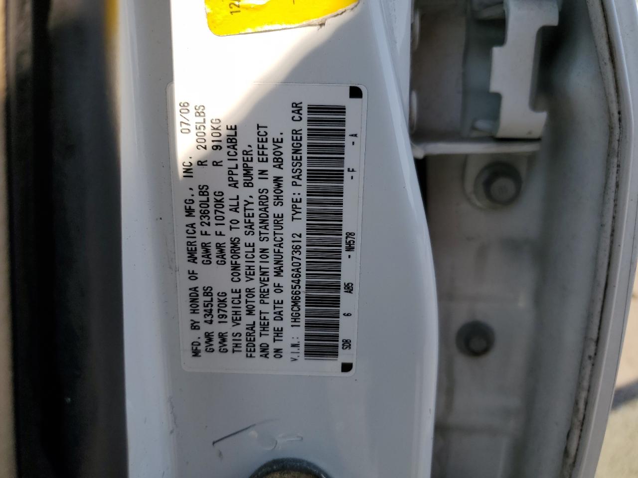 2006 Honda Accord Ex VIN: 1HGCM66546A073612 Lot: 63281245