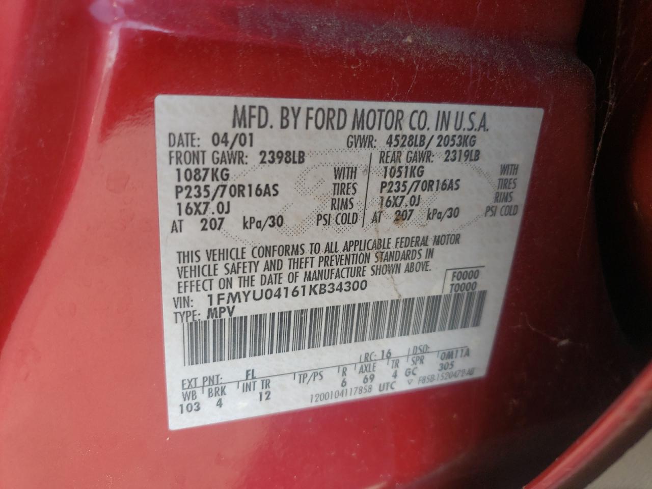 2001 Ford Escape Xlt VIN: 1FMYU04161KB34300 Lot: 65383995