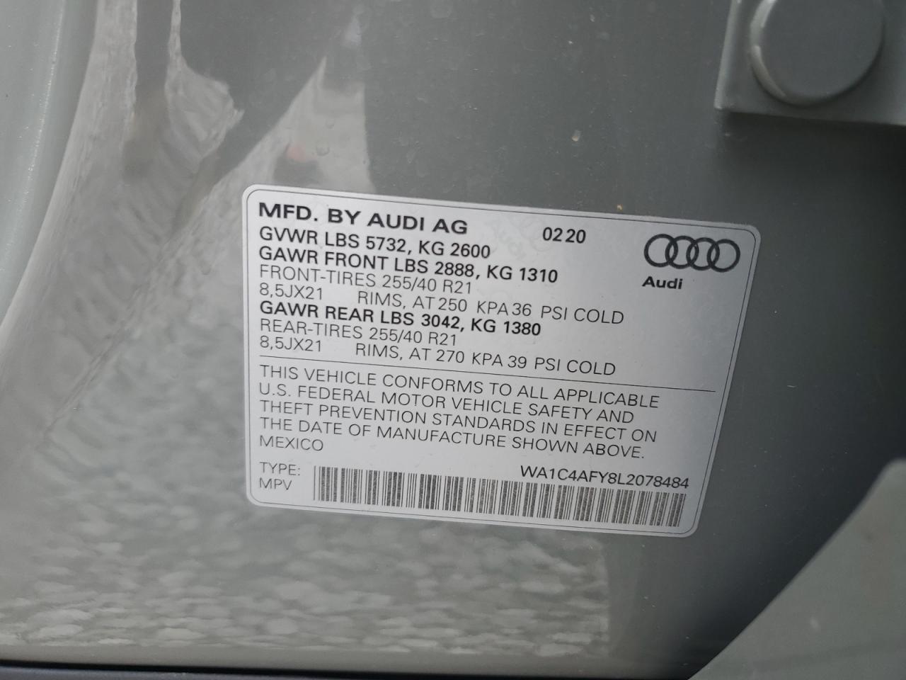 2020 Audi Sq5 Prestige VIN: WA1C4AFY8L2078484 Lot: 65362355