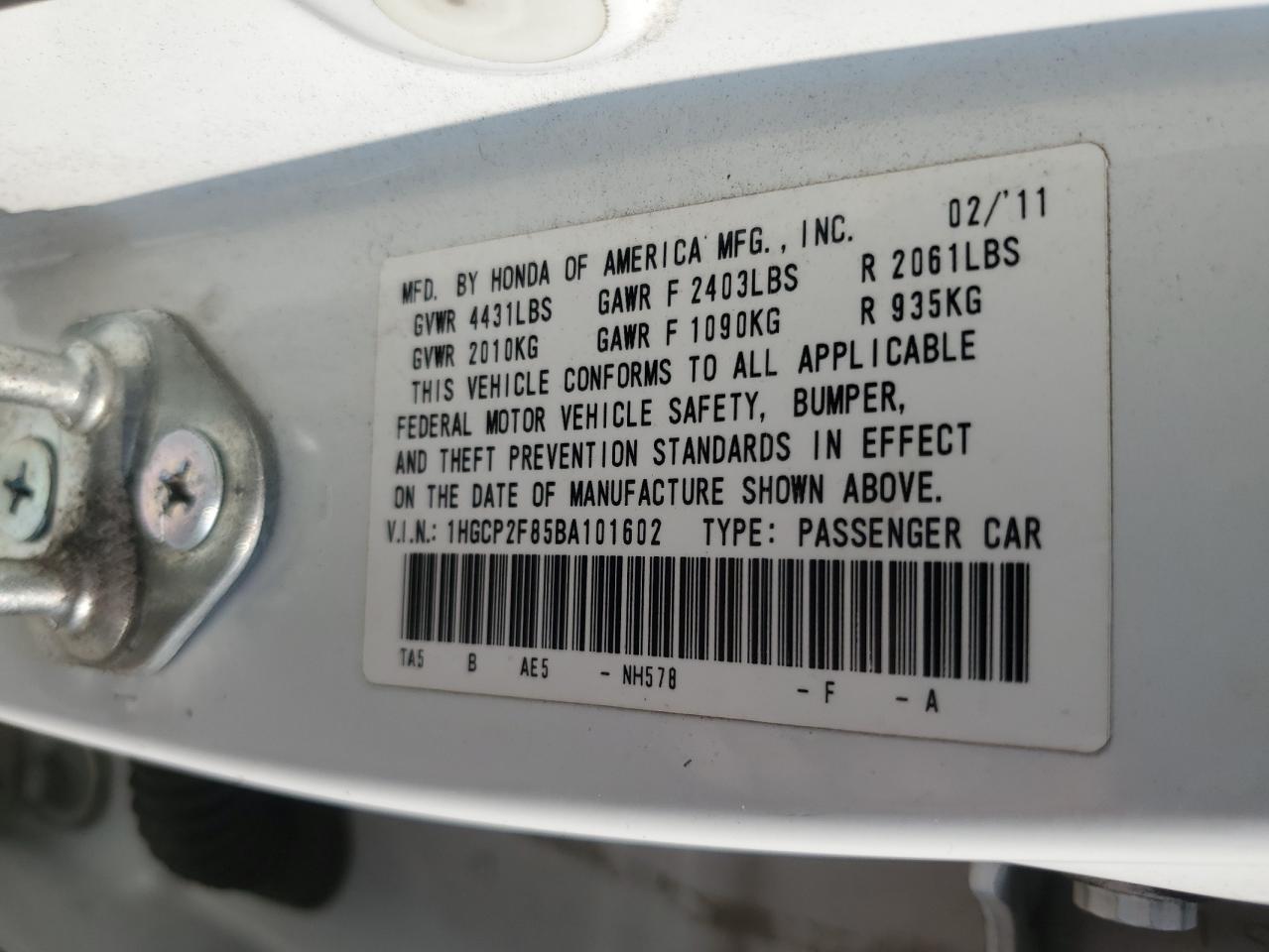 2011 Honda Accord Exl VIN: 1HGCP2F85BA101602 Lot: 64491655
