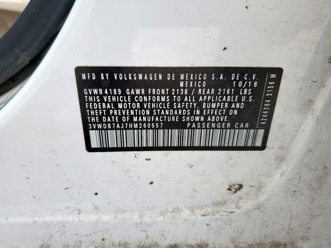2017 Volkswagen Jetta Se VIN: 3VWDB7AJ7HM260557 Lot: 63073795