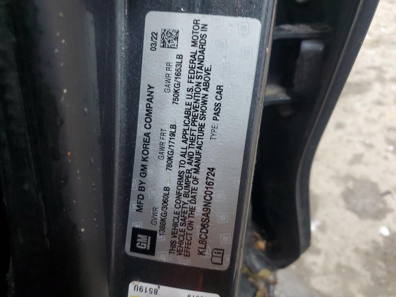2022 Chevrolet Spark 1Lt VIN: KL8CD6SA9NC016724 Lot: 63400665
