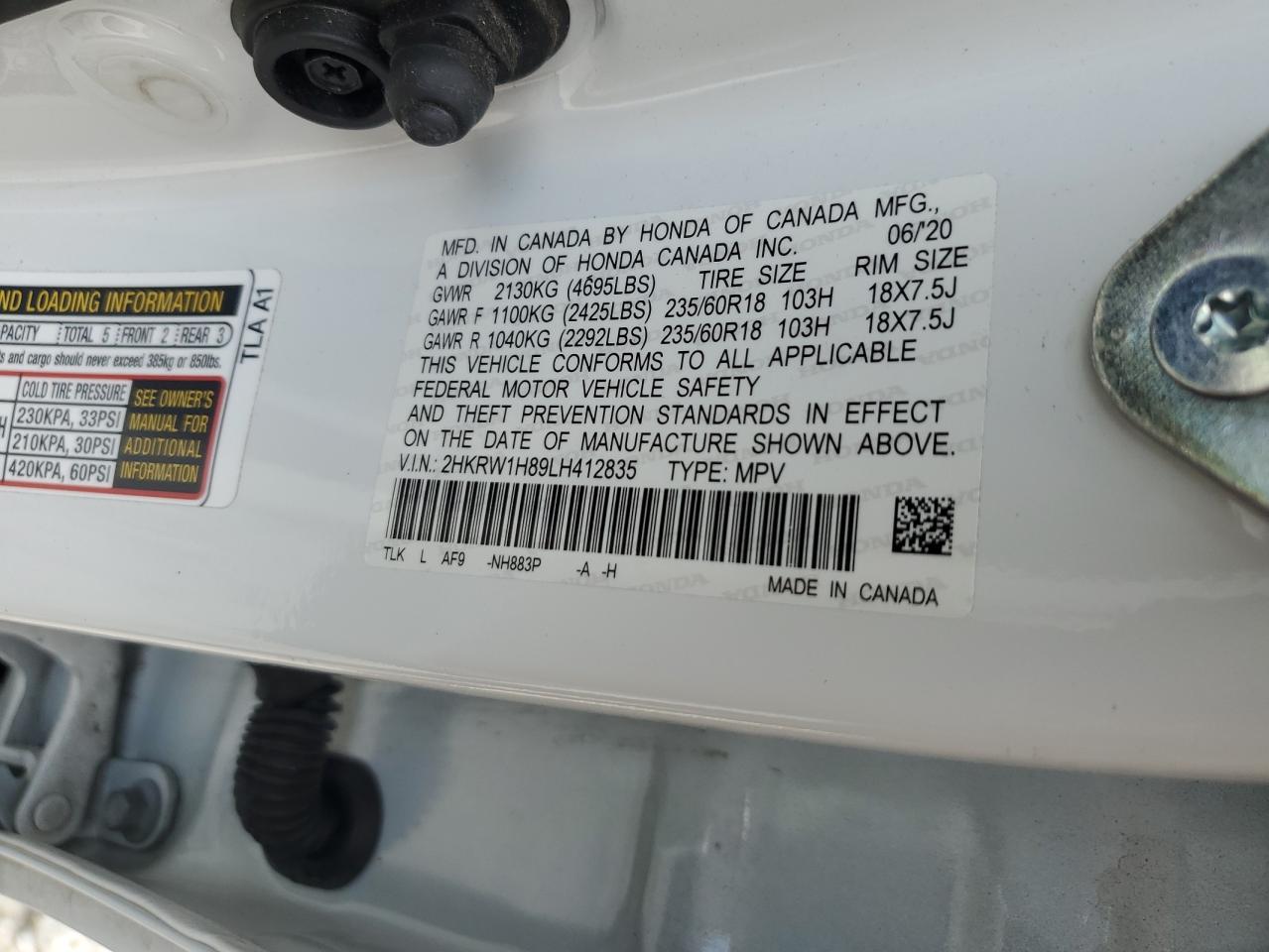 2020 Honda Cr-V Exl VIN: 2HKRW1H89LH412835 Lot: 63575785