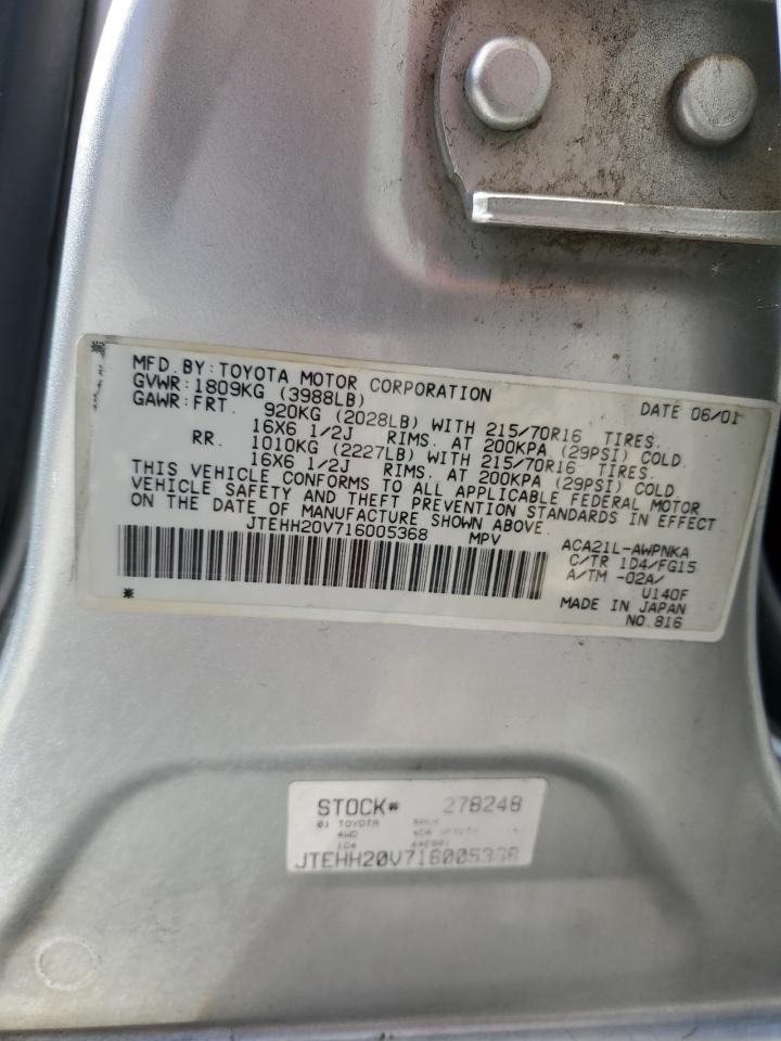 2001 Toyota Rav4 VIN: JTEHH20V716005368 Lot: 63293915