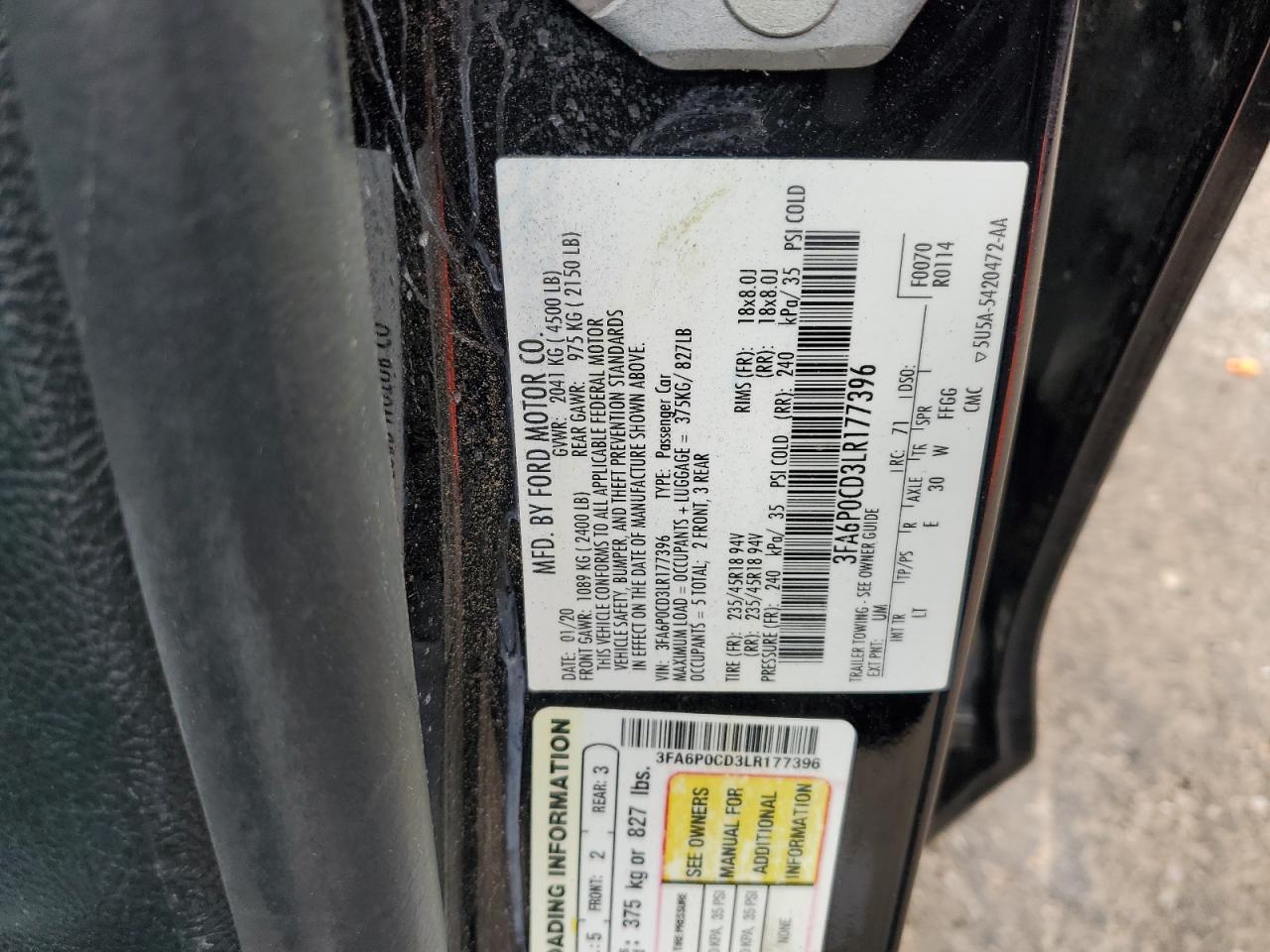 2020 Ford Fusion Sel VIN: 3FA6P0CD3LR177396 Lot: 65205095