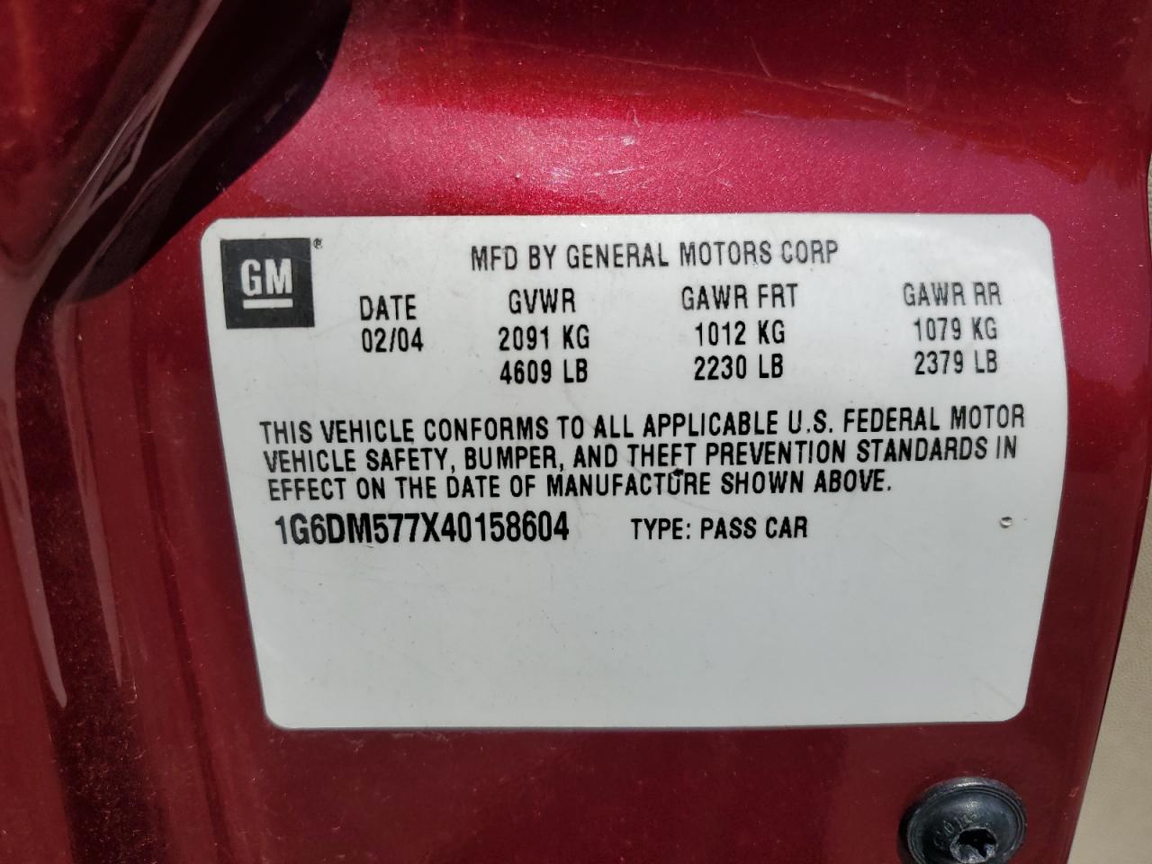 2004 Cadillac Cts VIN: 1G6DM577X40158604 Lot: 65139685