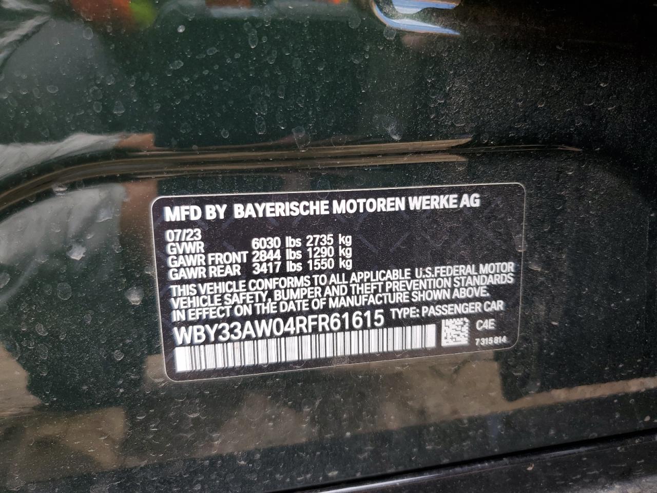 2024 BMW I4 M50 VIN: WBY33AW04RFR61615 Lot: 64686135