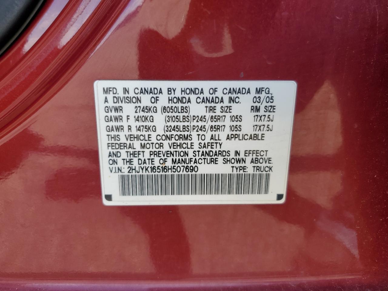 2006 Honda Ridgeline Rtl VIN: 2HJYK16516H507690 Lot: 64324135