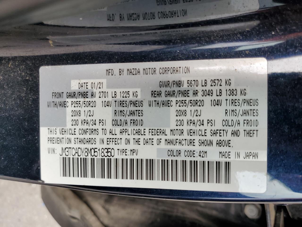 2021 Mazda Cx-9 Grand Touring VIN: JM3TCADY8M0518350 Lot: 62808855