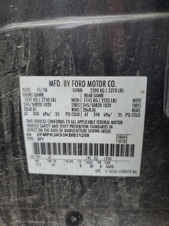 2019 Ford Edge Titanium VIN: 2FMPK3K93KBB31250 Lot: 64658505