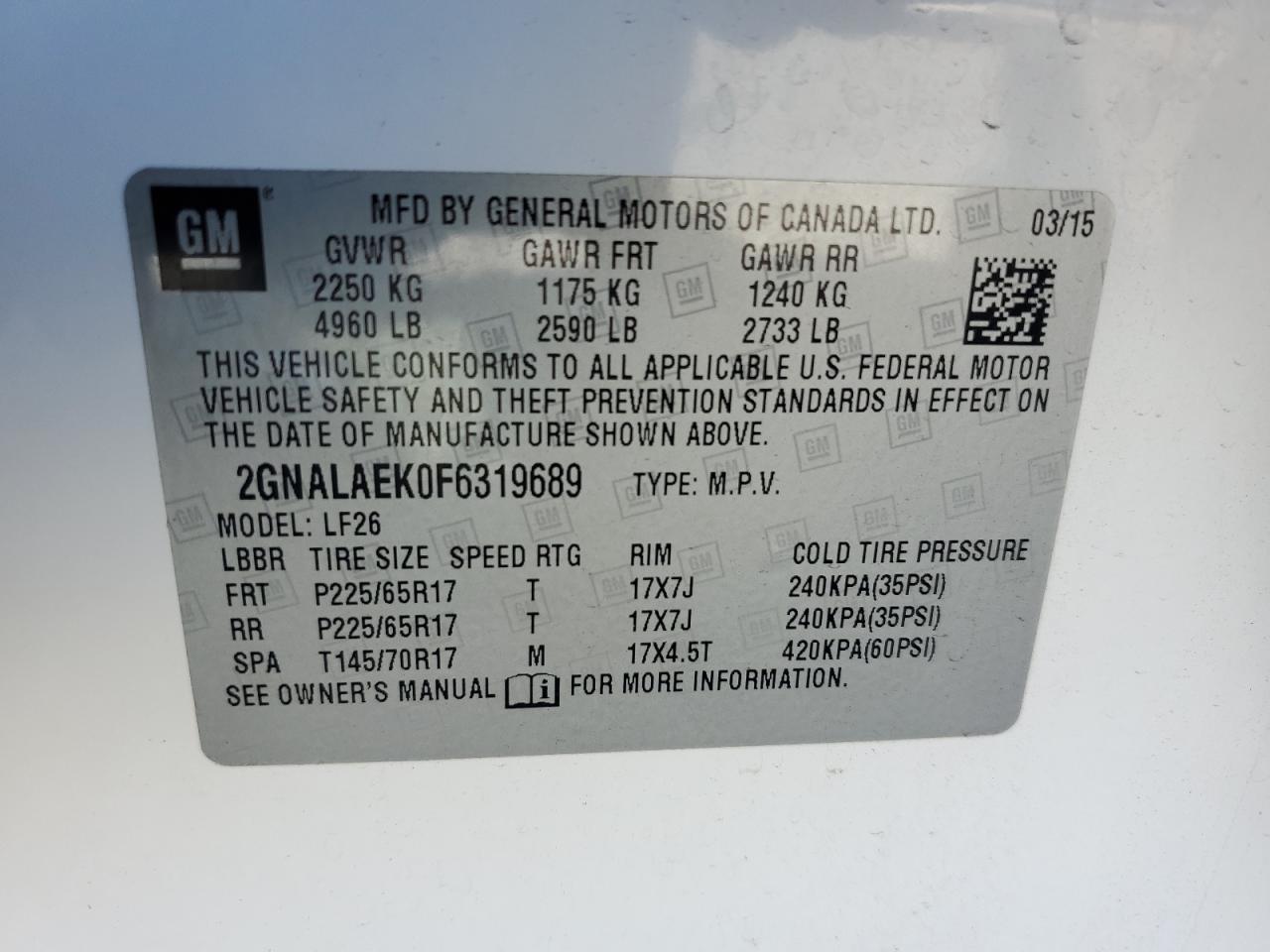 2015 Chevrolet Equinox Ls VIN: 2GNALAEK0F6319689 Lot: 65316405