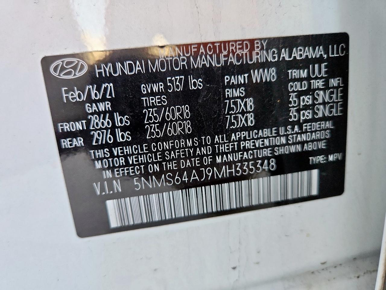 2021 Hyundai Santa Fe Sel VIN: 5NMS64AJ9MH335348 Lot: 64733295