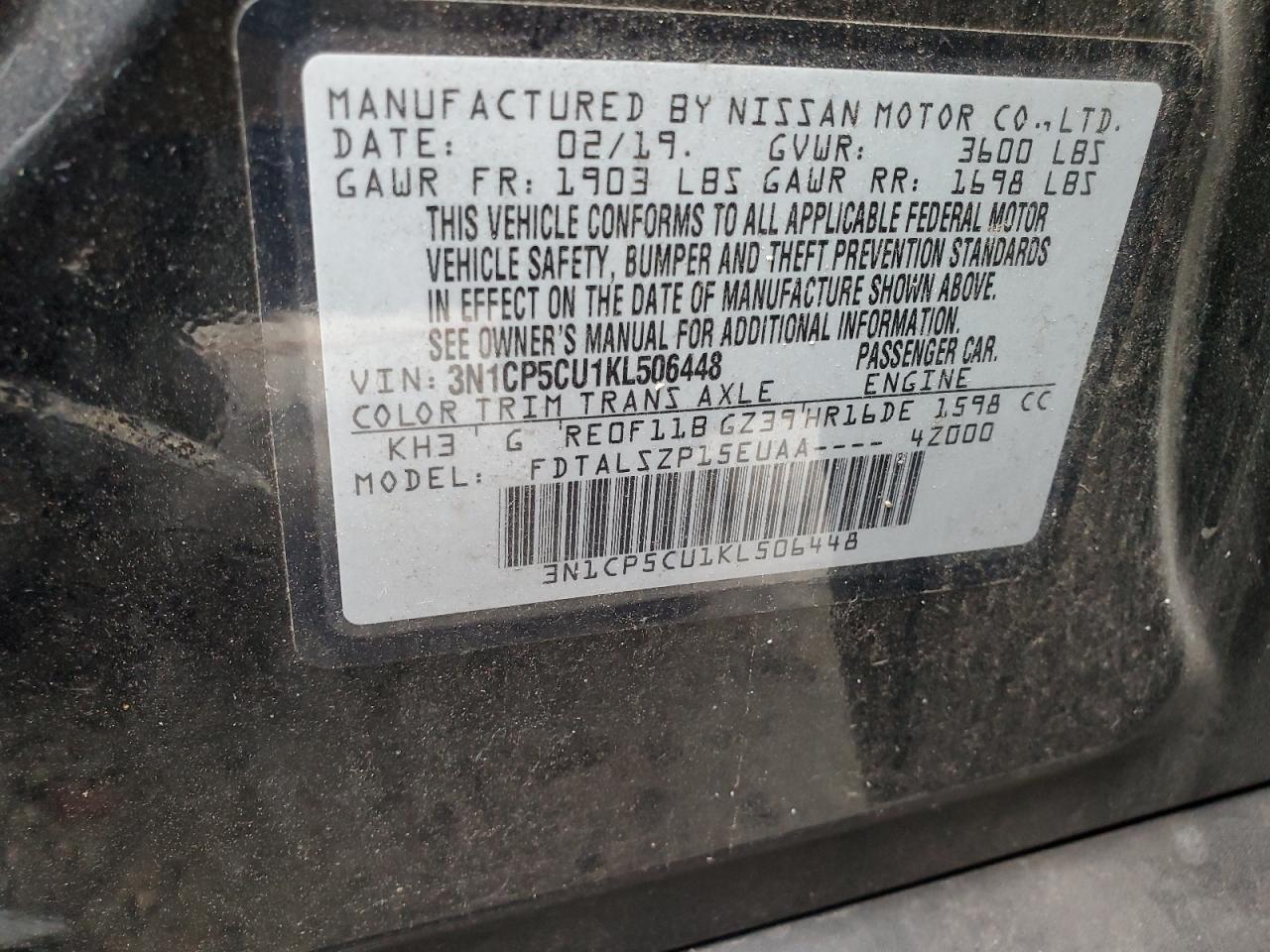 2019 Nissan Kicks S VIN: 3N1CP5CU1KL506448 Lot: 63426495