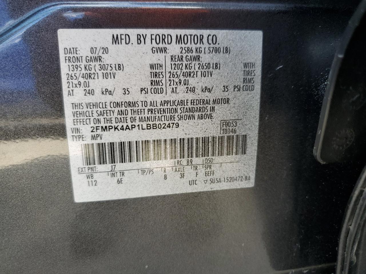 2020 Ford Edge St VIN: 2FMPK4AP1LBB02479 Lot: 63784255