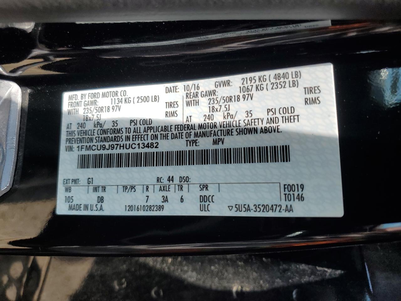 2017 Ford Escape Titanium VIN: 1FMCU9J97HUC13482 Lot: 65569045
