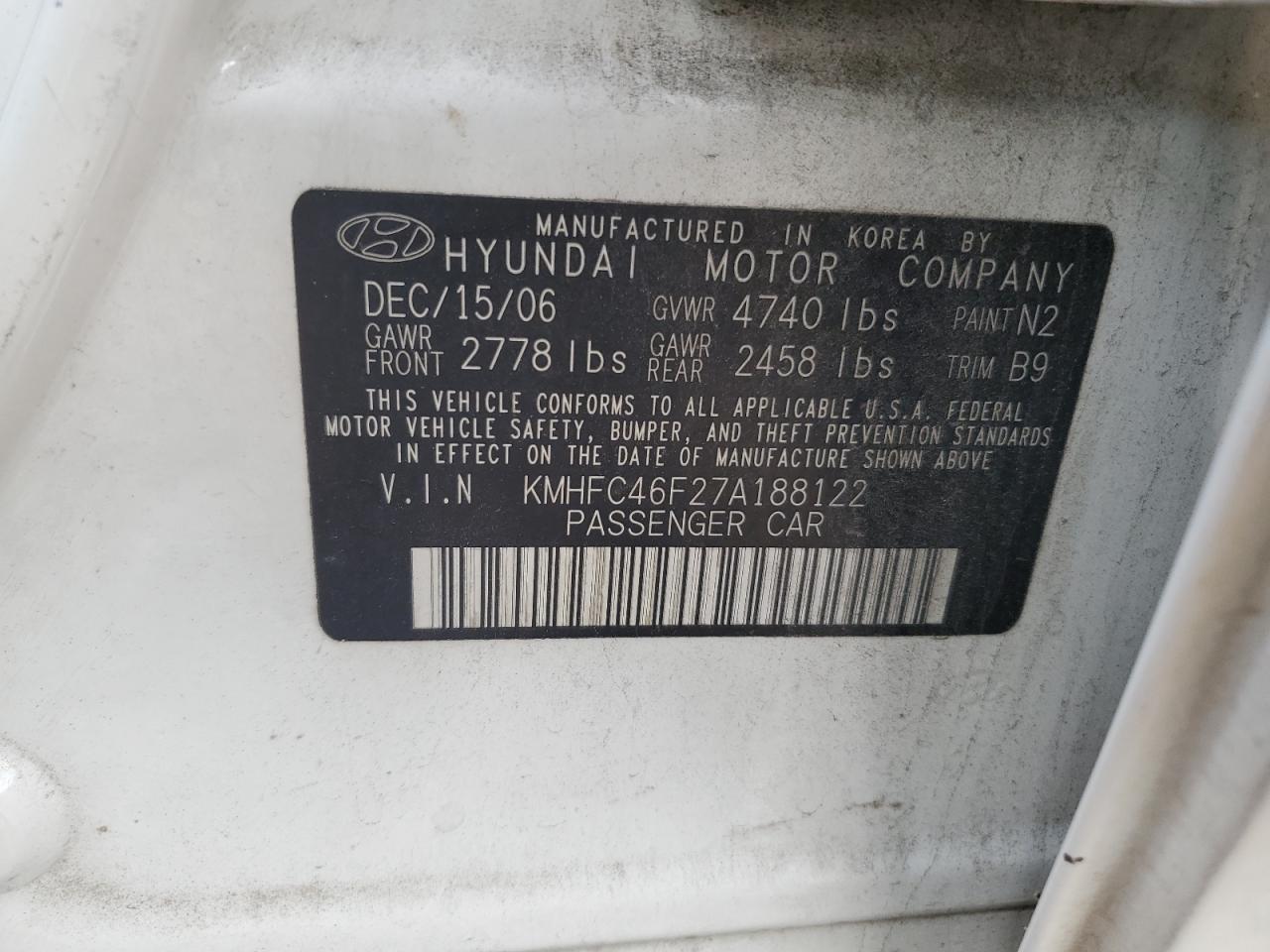 2007 Hyundai Azera Se VIN: KMHFC46F27A188122 Lot: 64731965