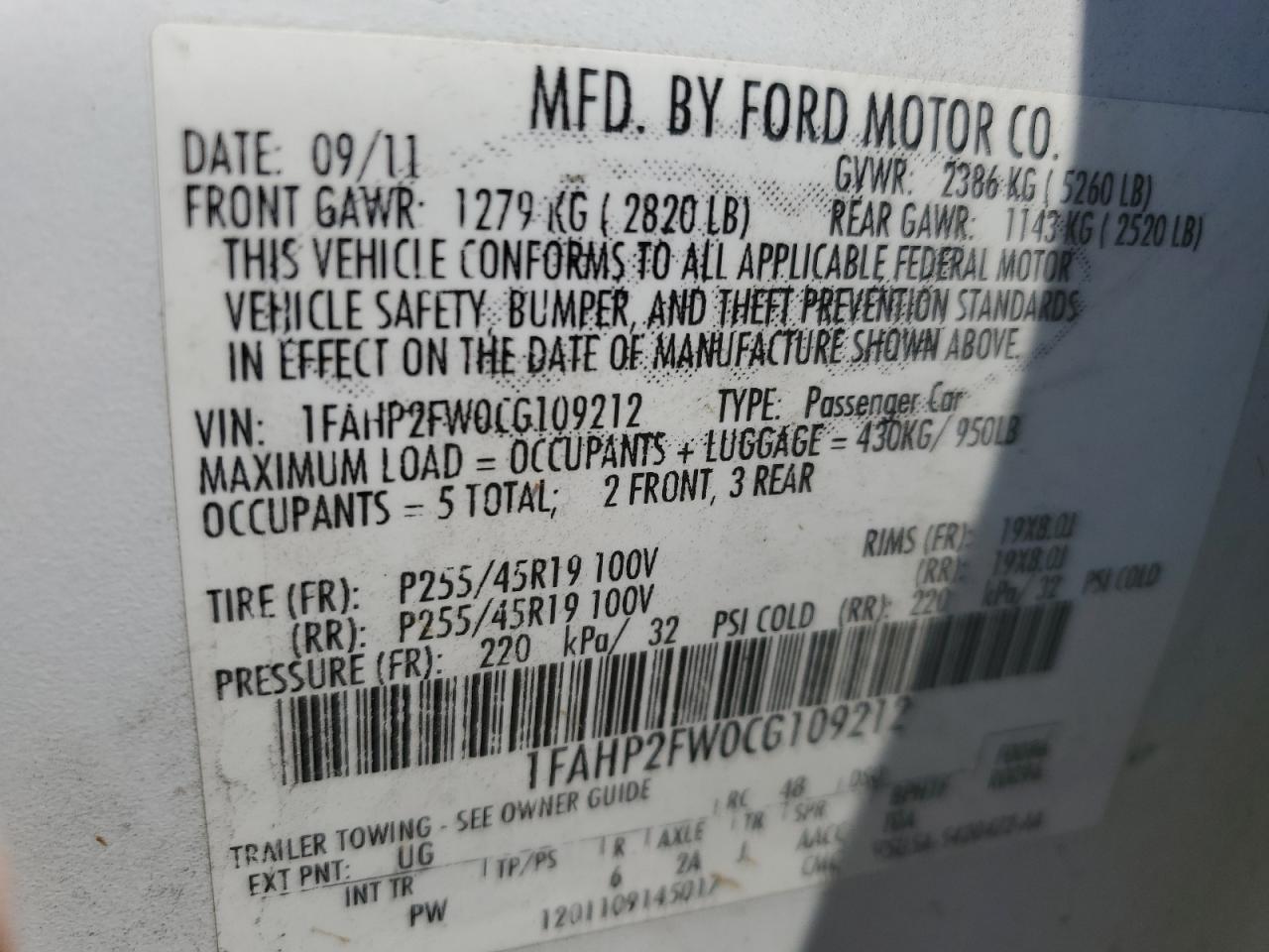 2012 Ford Taurus Limited VIN: 1FAHP2FW0CG109212 Lot: 62880495
