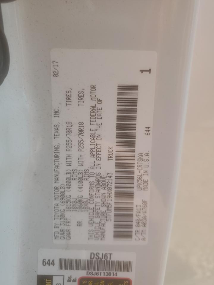 2017 Toyota Tundra Double Cab Sr VIN: 5TFUM5F19HX072143 Lot: 65022985