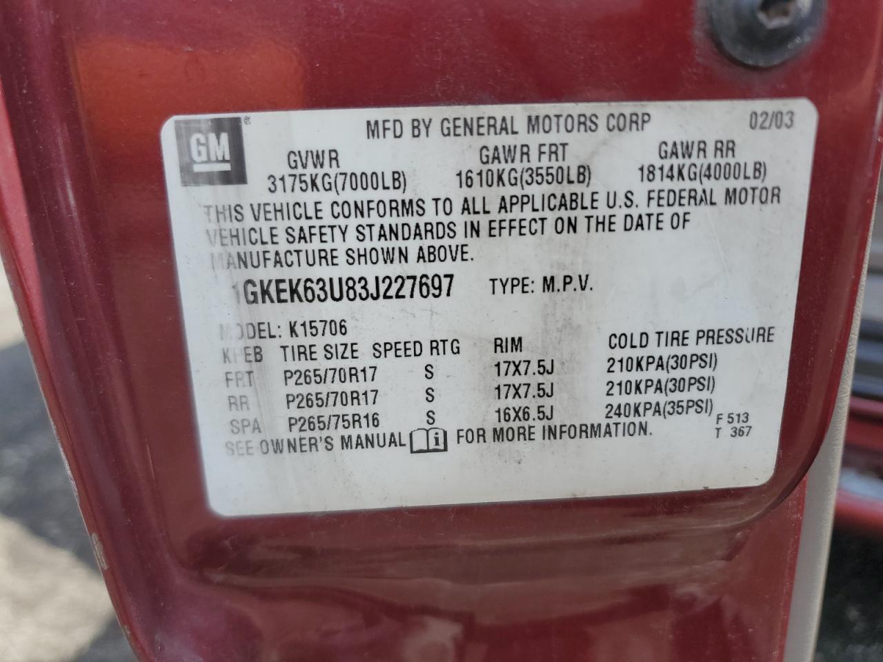 2003 GMC Yukon Denali VIN: 1GKEK63U83J227697 Lot: 63316555