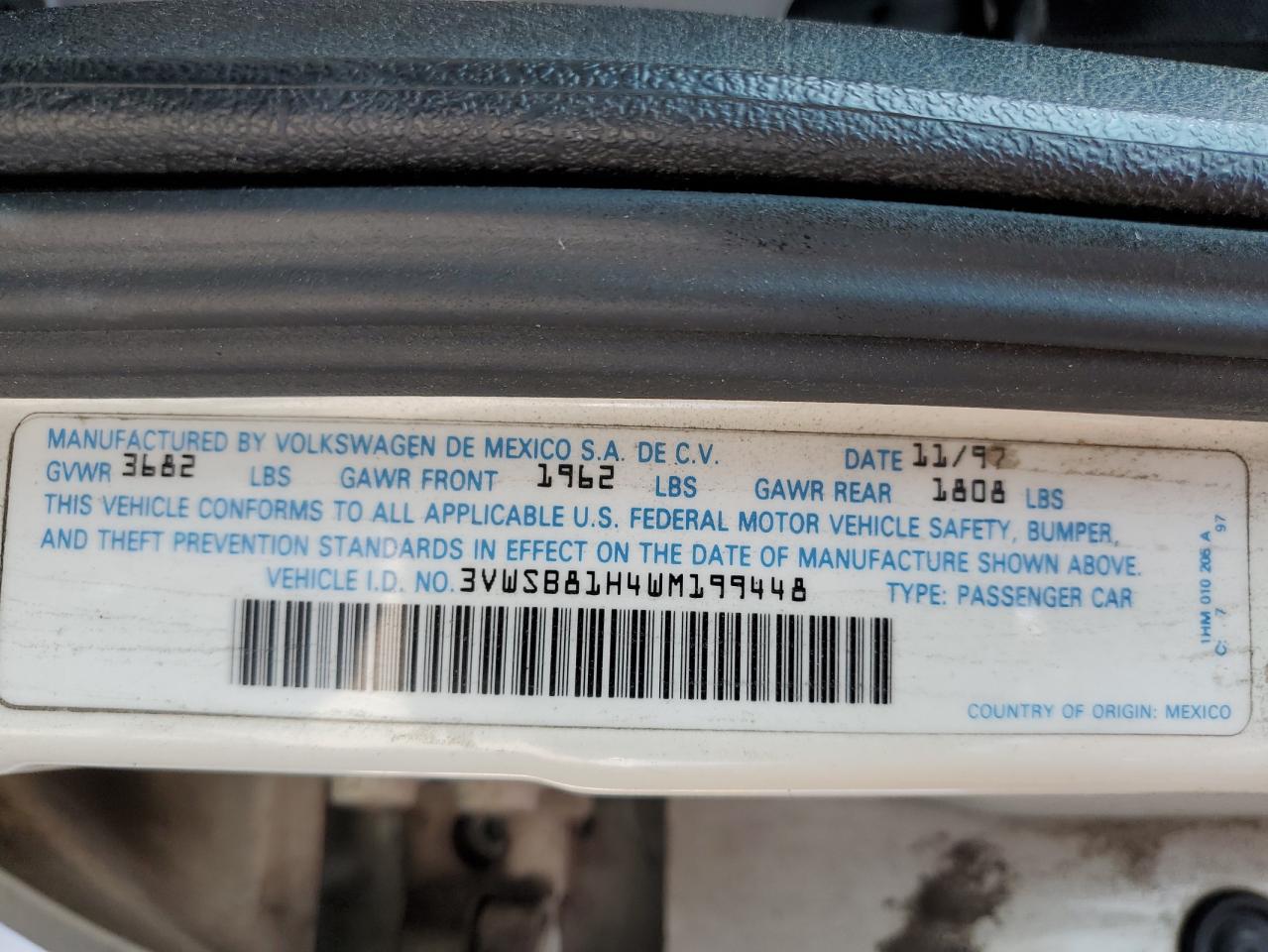 1998 Volkswagen Jetta Gls VIN: 3VWSB81H4WM199448 Lot: 62866805