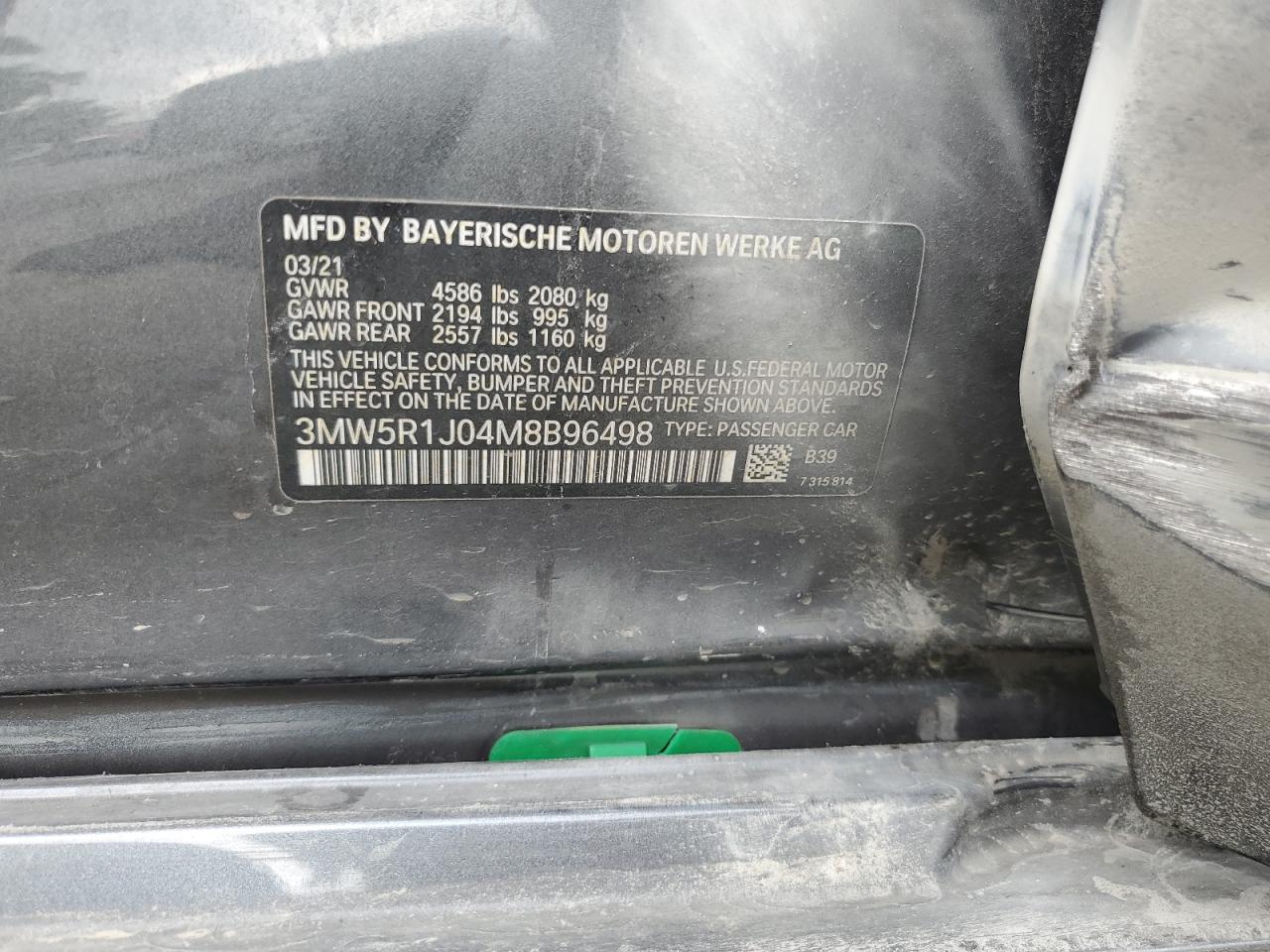 2021 BMW 330I VIN: 3MW5R1J04M8B96498 Lot: 64427135