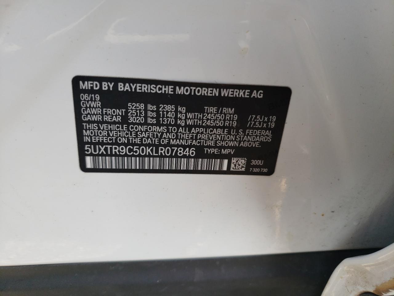 2019 BMW X3 xDrive30I VIN: 5UXTR9C50KLR07846 Lot: 63380565