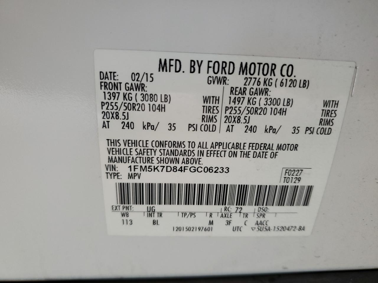 2015 Ford Explorer Xlt VIN: 1FM5K7D84FGC06233 Lot: 62179055