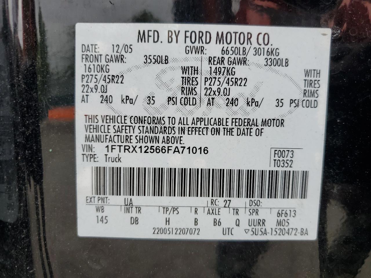 2006 Ford F150 VIN: 1FTRX12566FA71016 Lot: 63500075