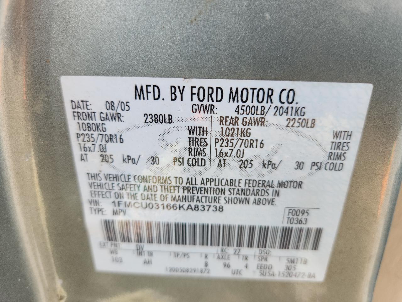 2006 Ford Escape Xlt VIN: 1FMCU03166KA83738 Lot: 63363675