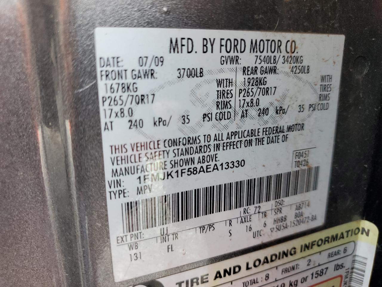 2010 Ford Expedition El Xlt VIN: 1FMJK1F58AEA13330 Lot: 62523655