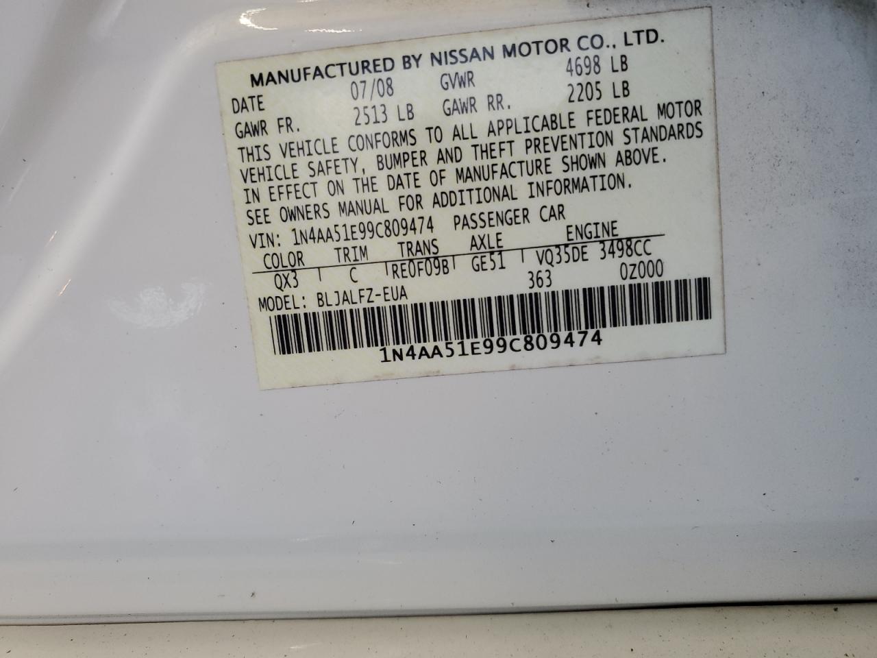 2009 Nissan Maxima S VIN: 1N4AA51E99C809474 Lot: 62403295