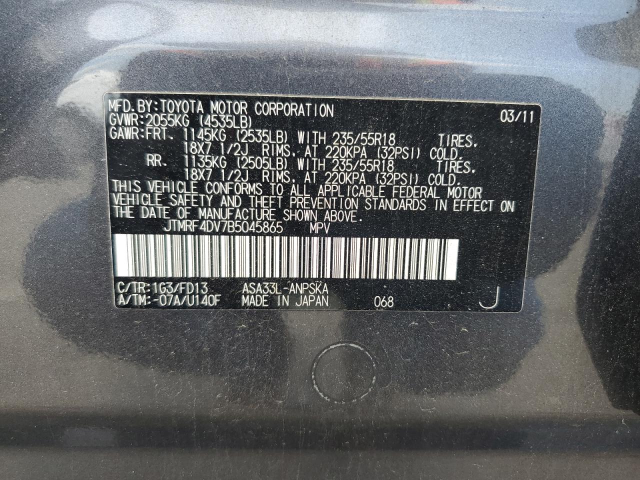 2011 Toyota Rav4 Sport VIN: JTMRF4DV7B5045865 Lot: 65627905