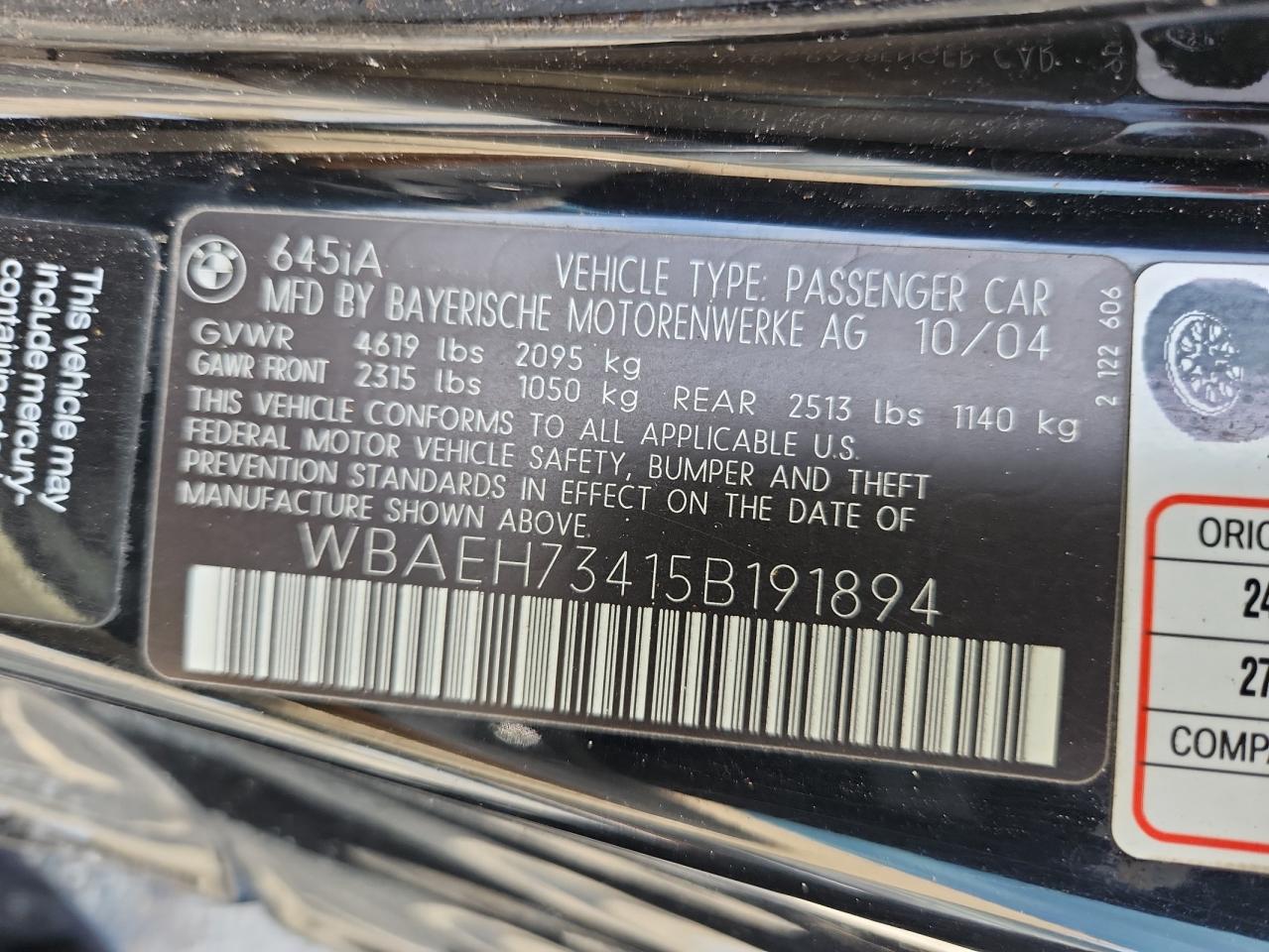 2005 BMW 645 Ci Automatic VIN: WBAEH73415B191894 Lot: 64204305