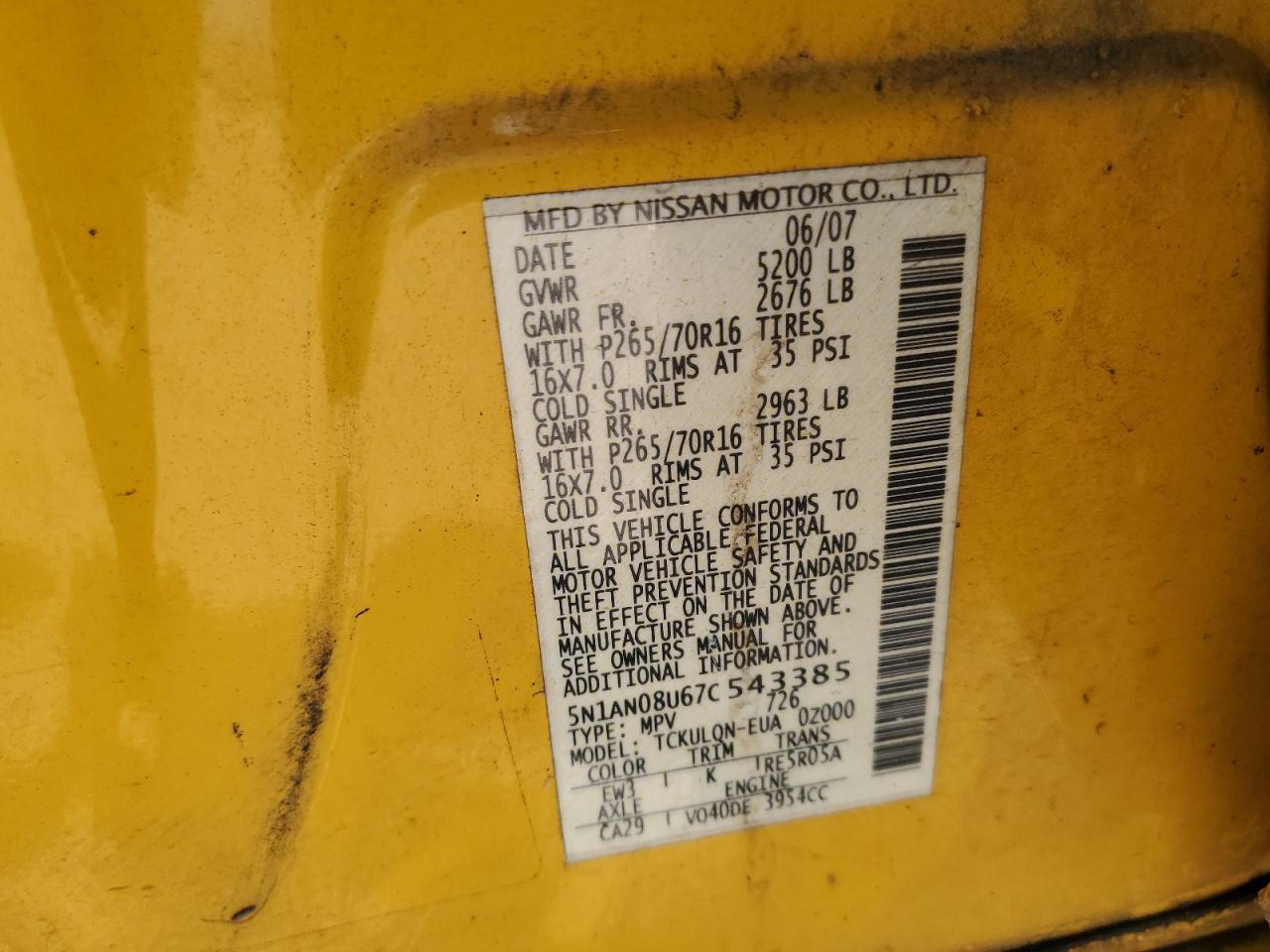 2007 Nissan Xterra Off Road VIN: 5N1AN08U67C543385 Lot: 65295305