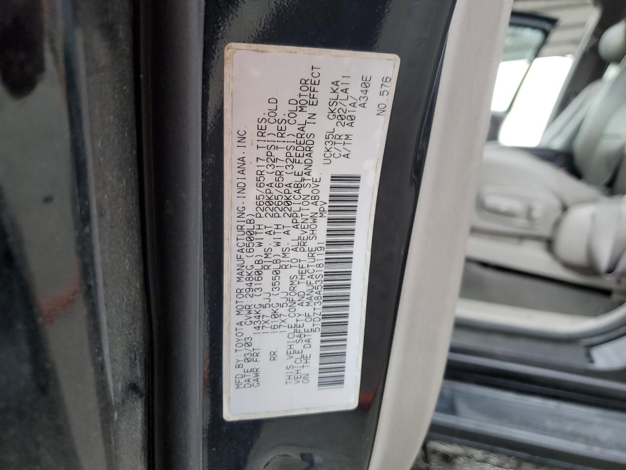 2003 Toyota Sequoia Limited VIN: 5TDZT38A53S181191 Lot: 63245965