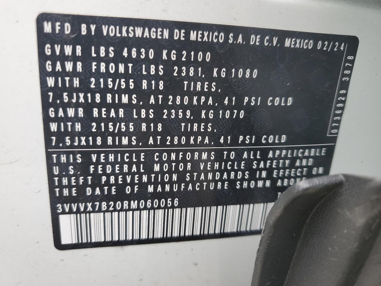 2024 Volkswagen Taos Se VIN: 3VVVX7B20RM060056 Lot: 63923265
