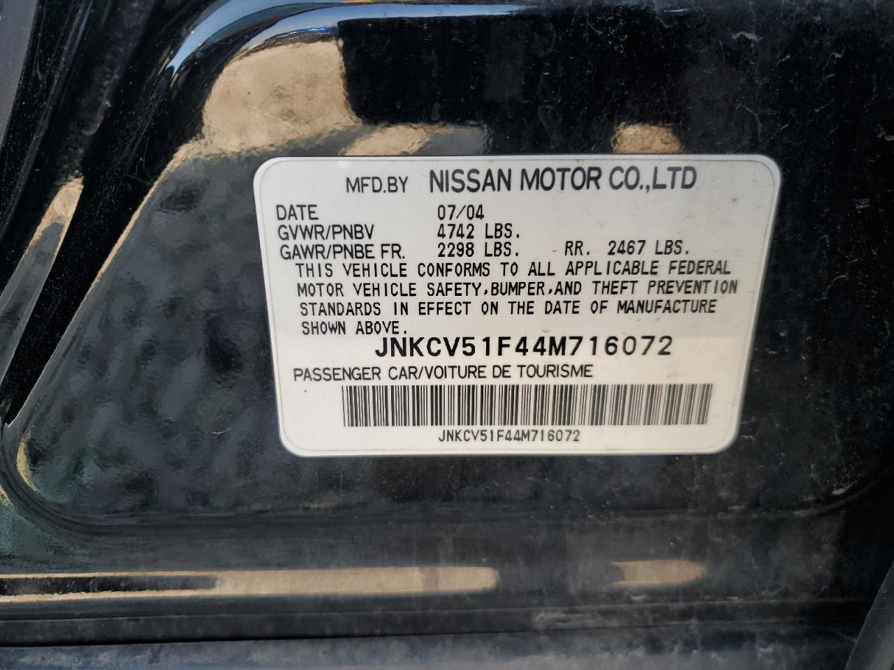 2004 Infiniti G35 VIN: JNKCV51F44M716072 Lot: 63786545