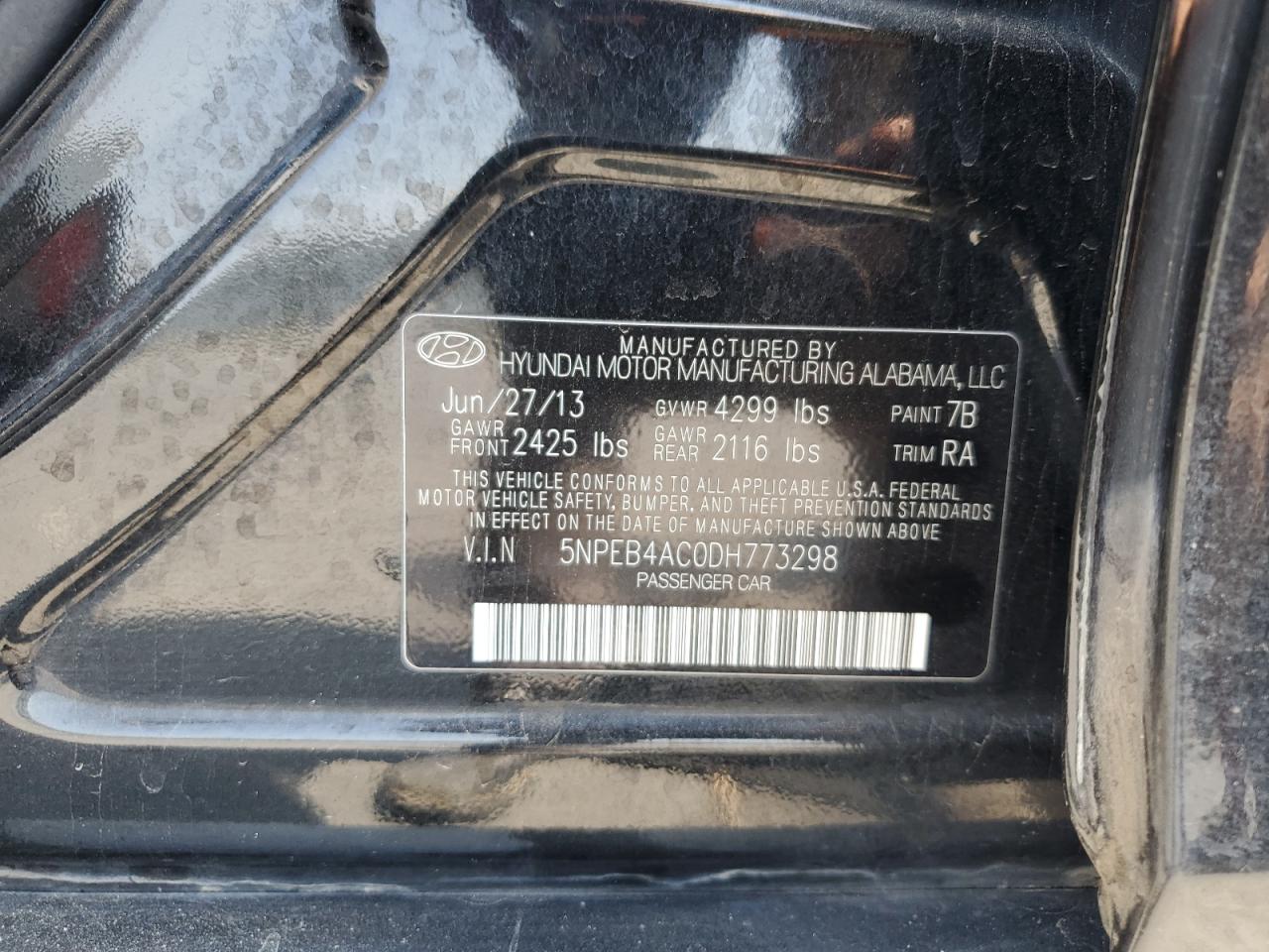 2013 Hyundai Sonata Gls VIN: 5NPEB4AC0DH773298 Lot: 64208155