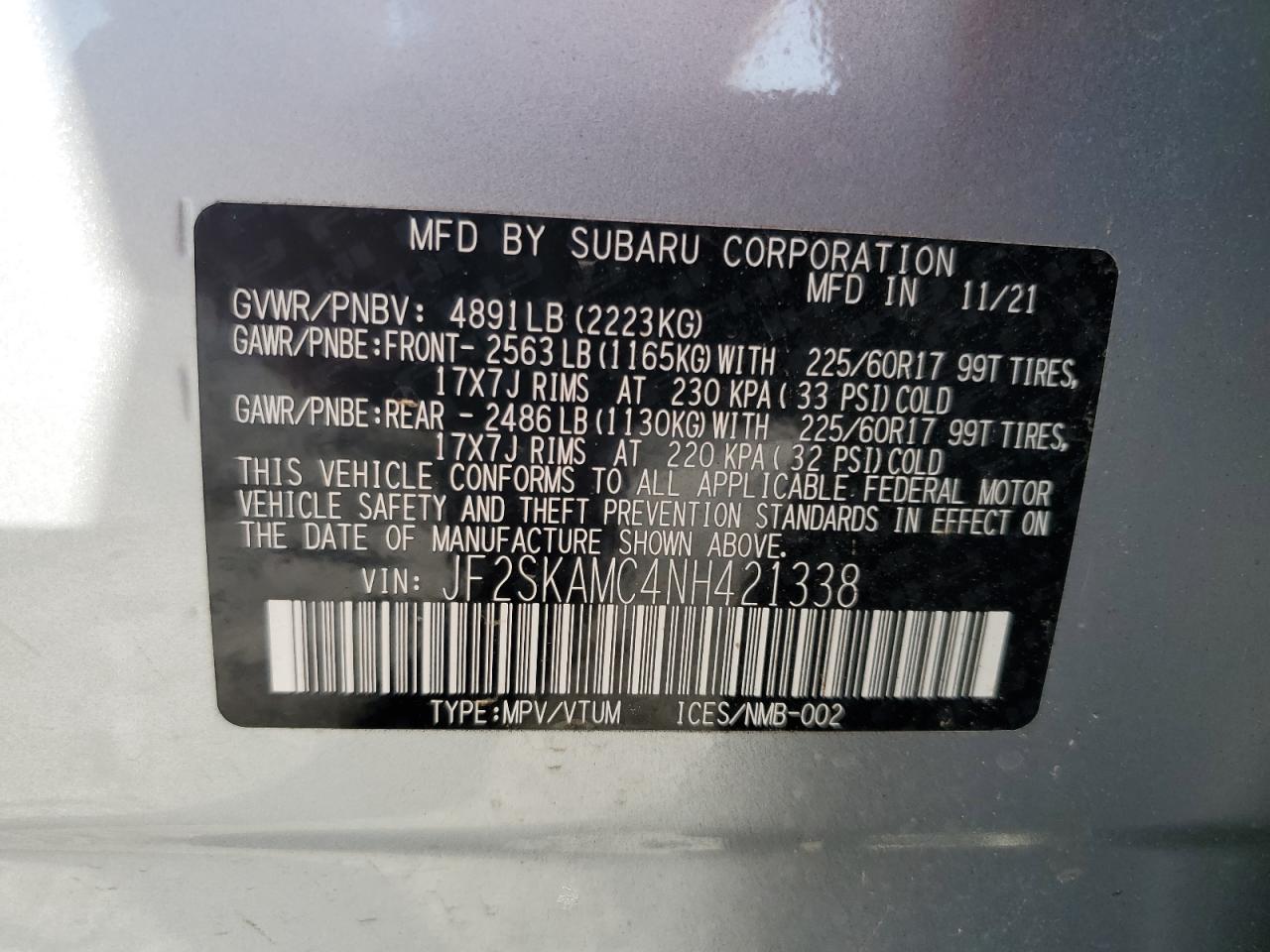 2022 Subaru Forester Wilderness VIN: JF2SKAMC4NH421338 Lot: 63854885