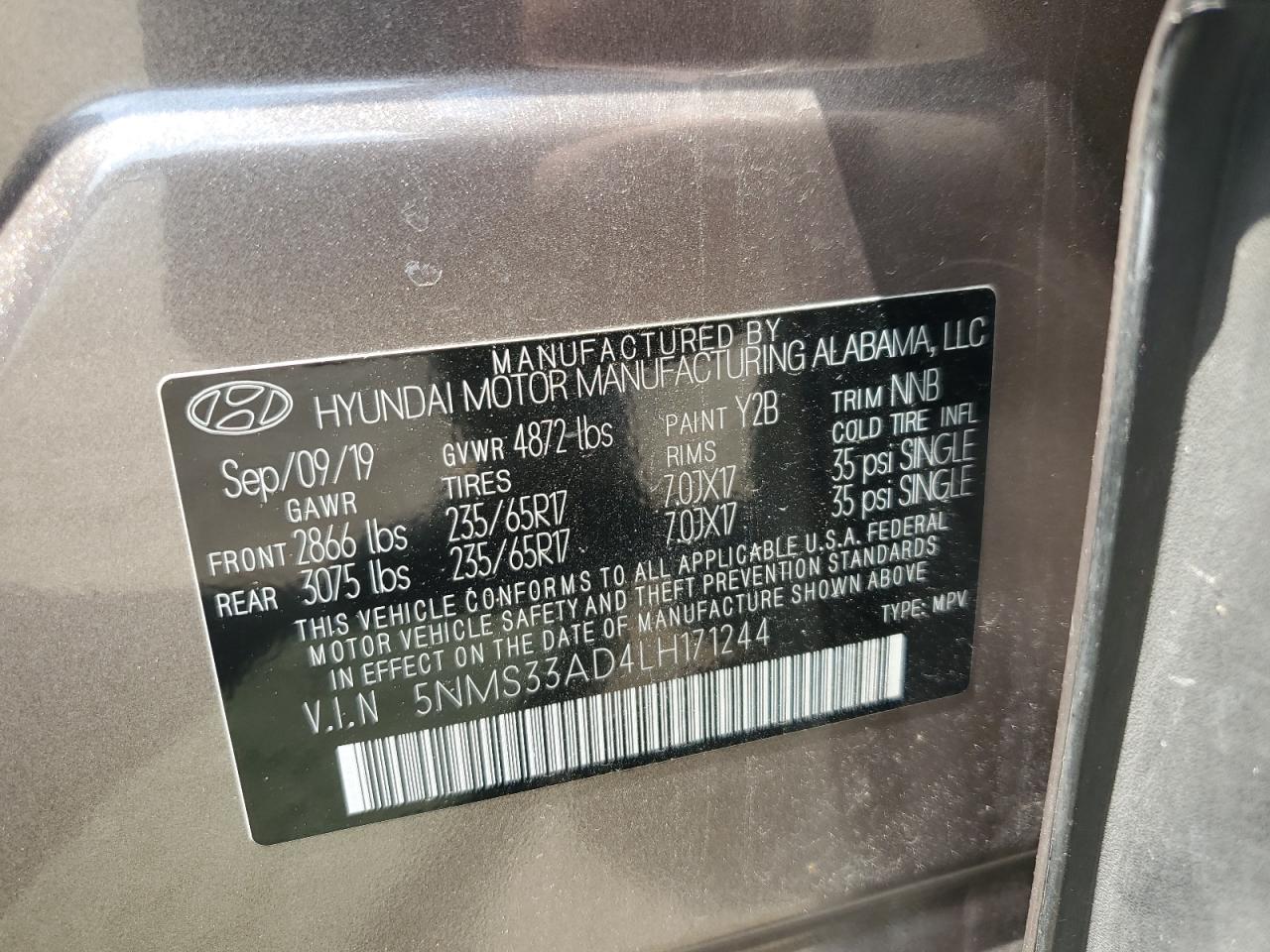 2020 Hyundai Santa Fe Sel VIN: 5NMS33AD4LH171244 Lot: 65916645