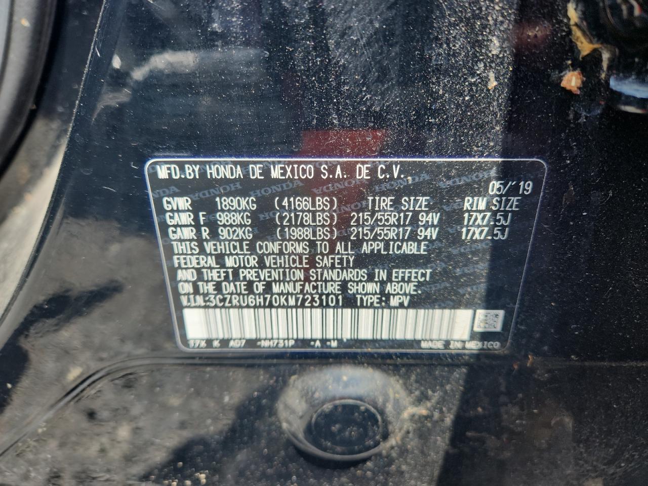 2019 Honda Hr-V Exl VIN: 3CZRU6H70KM723101 Lot: 62539835