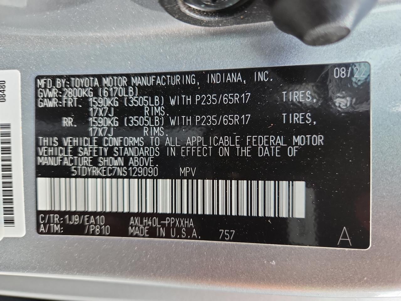 2022 Toyota Sienna Xle VIN: 5TDYRKEC7NS129090 Lot: 63816275